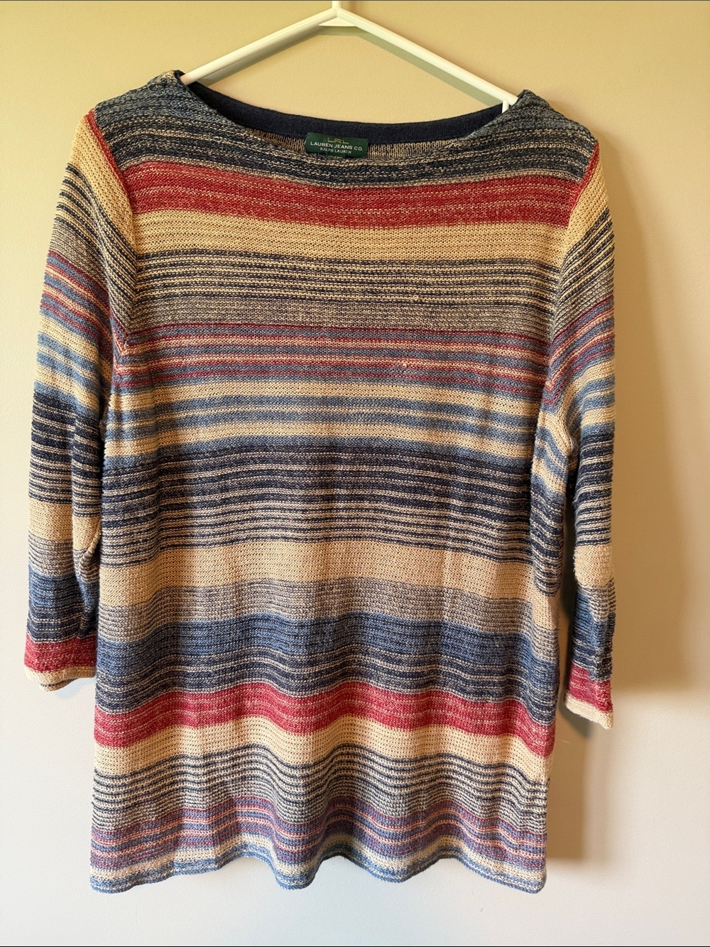 LRL Lauren Jeans Co Linen Blend Multicolour Striped Boat Neck 3/4 Sleeve Top 1X